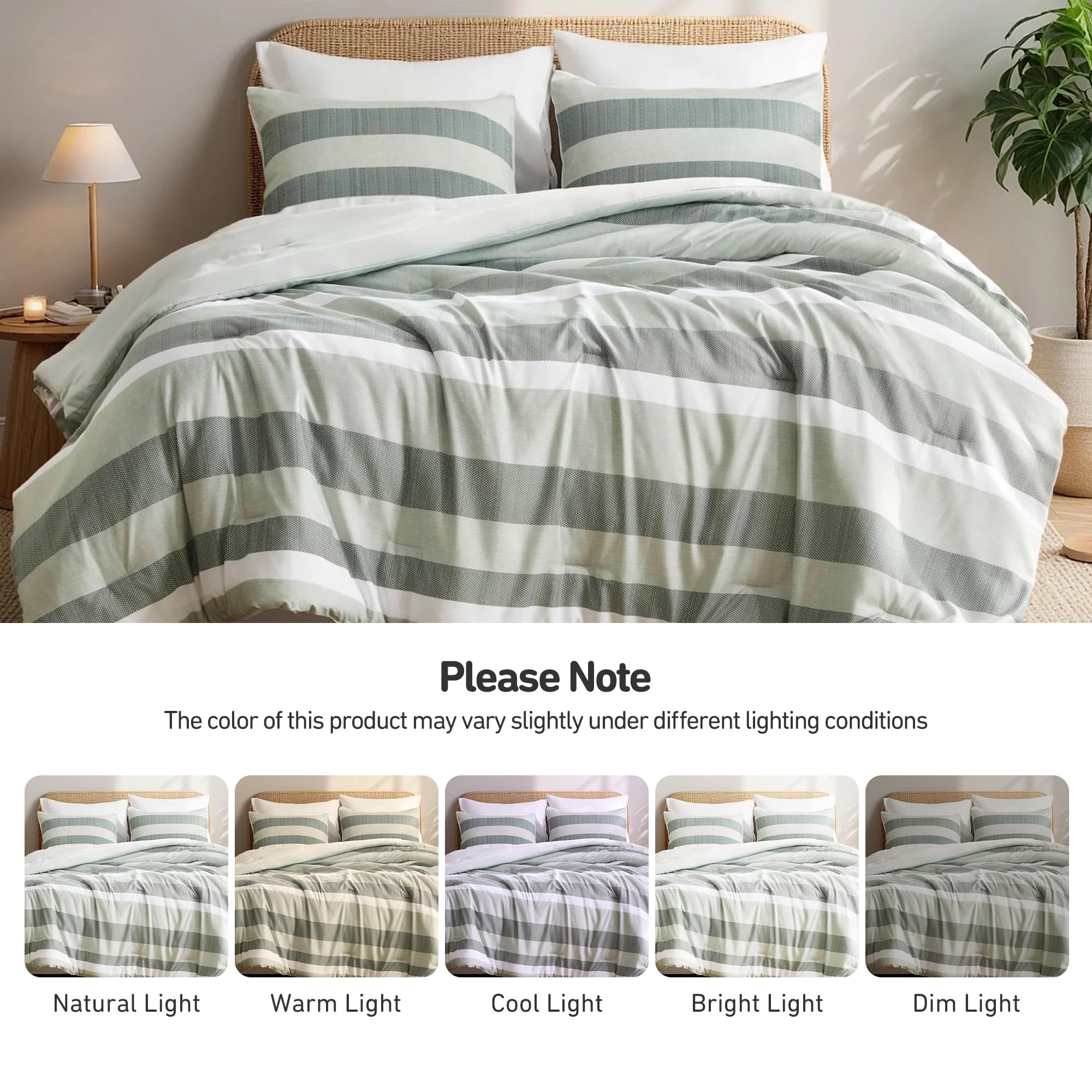 Regency Heights Full/Queen Size Comforter Set Sage Green - 3 Pieces Modern Striped Quilt Bedding for Dorm All Season Soft Lightweight Reversible Bed Set with Comforter & Shams