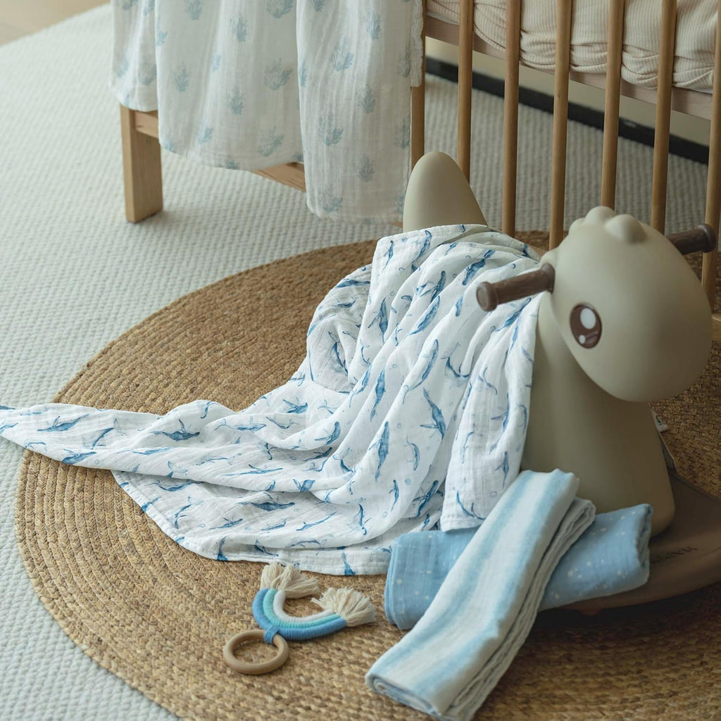 Skiennix Muslin Swaddle Blankets - 4 Pack Cotton Baby Blankets for Newborns | Large 31.5 x 43.3" Soft & Breathable Blue Whale Design