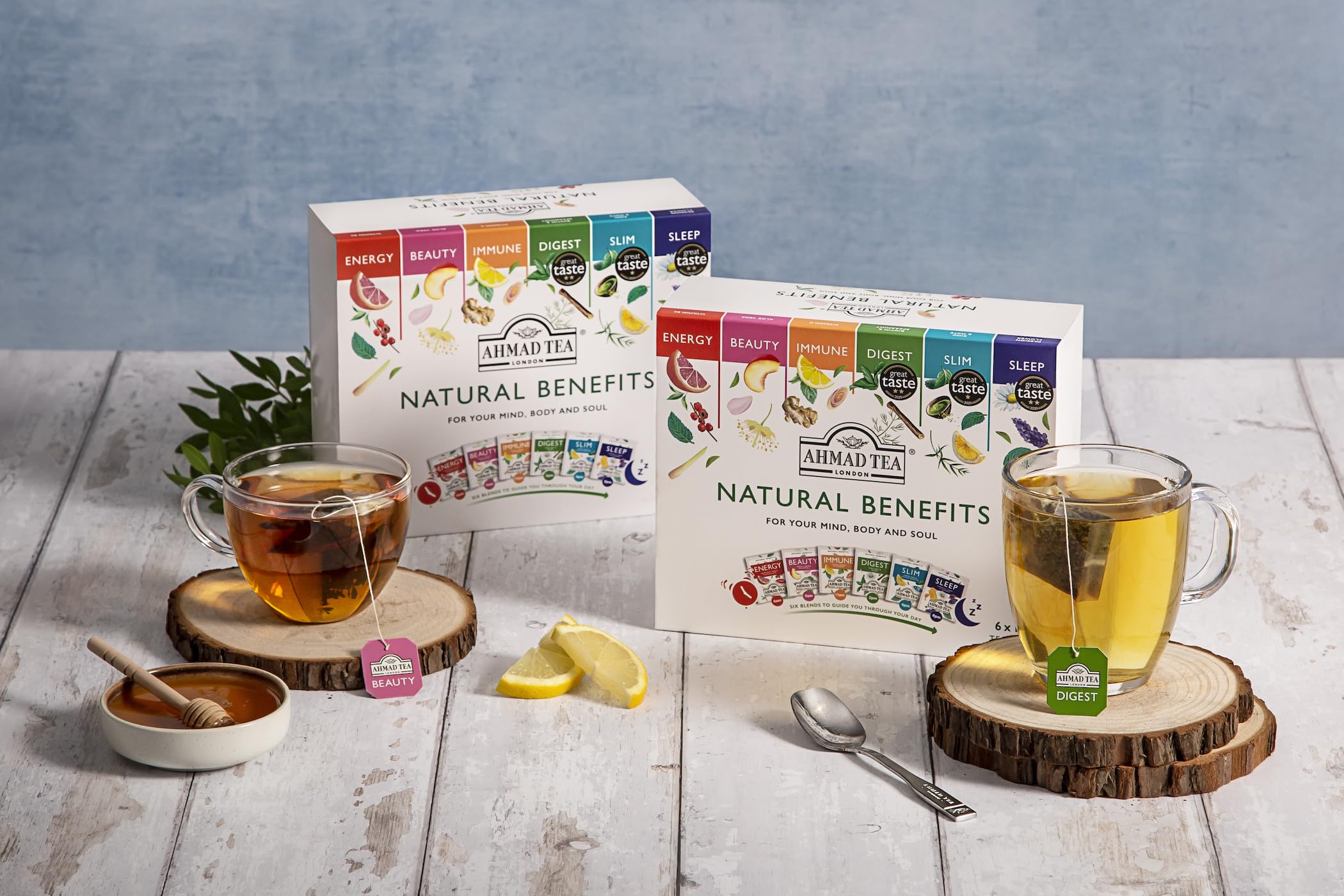Ahmad Tea Natural Benefit Functional Tea Selection Pack | Green teas, Fruit & Herbal Infusions | Perfect herbal tea gift - 60 Teabag Sachets | 6 blends