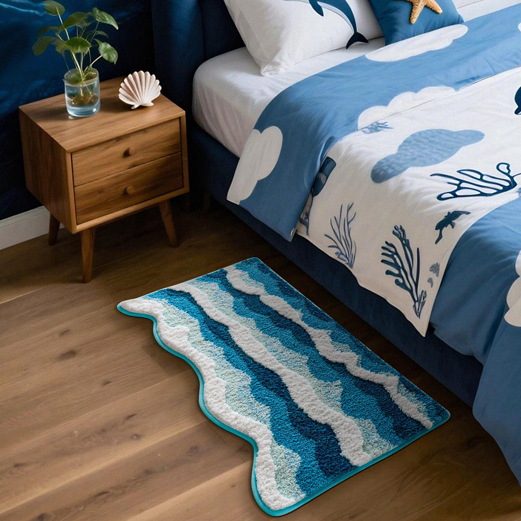 Moutina 3D Ocean Wave Bathroom Rugs Blue 21x32 Inch, Soft and Absorbent Tufted Beach Bath Mat Non Slip Washable, Coastal Nautical Decor for Bathroom Bedroom