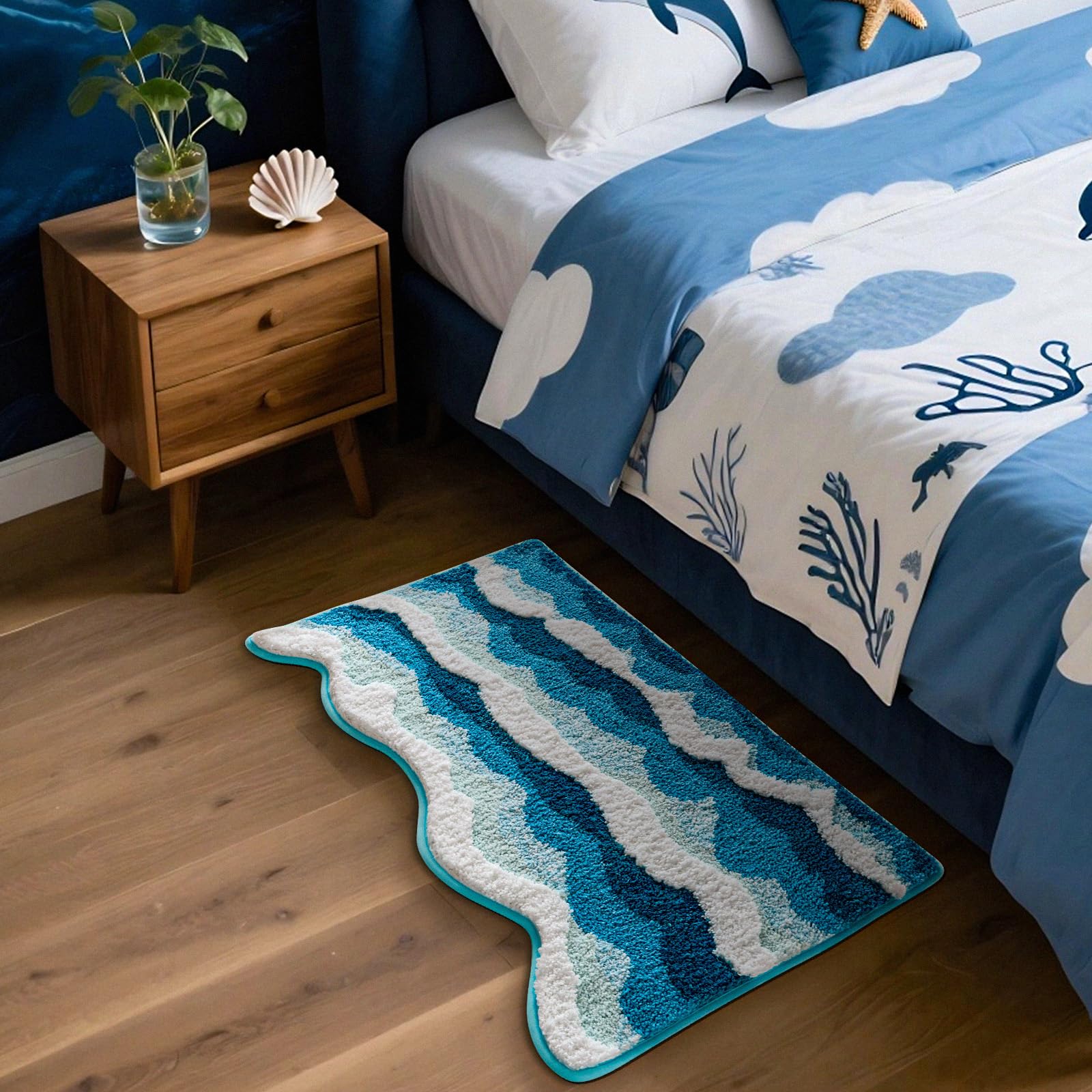 Moutina 3D Ocean Wave Bathroom Rugs Blue 21x32 Inch, Soft and Absorbent Tufted Beach Bath Mat Non Slip Washable, Coastal Nautical Decor for Bathroom Bedroom