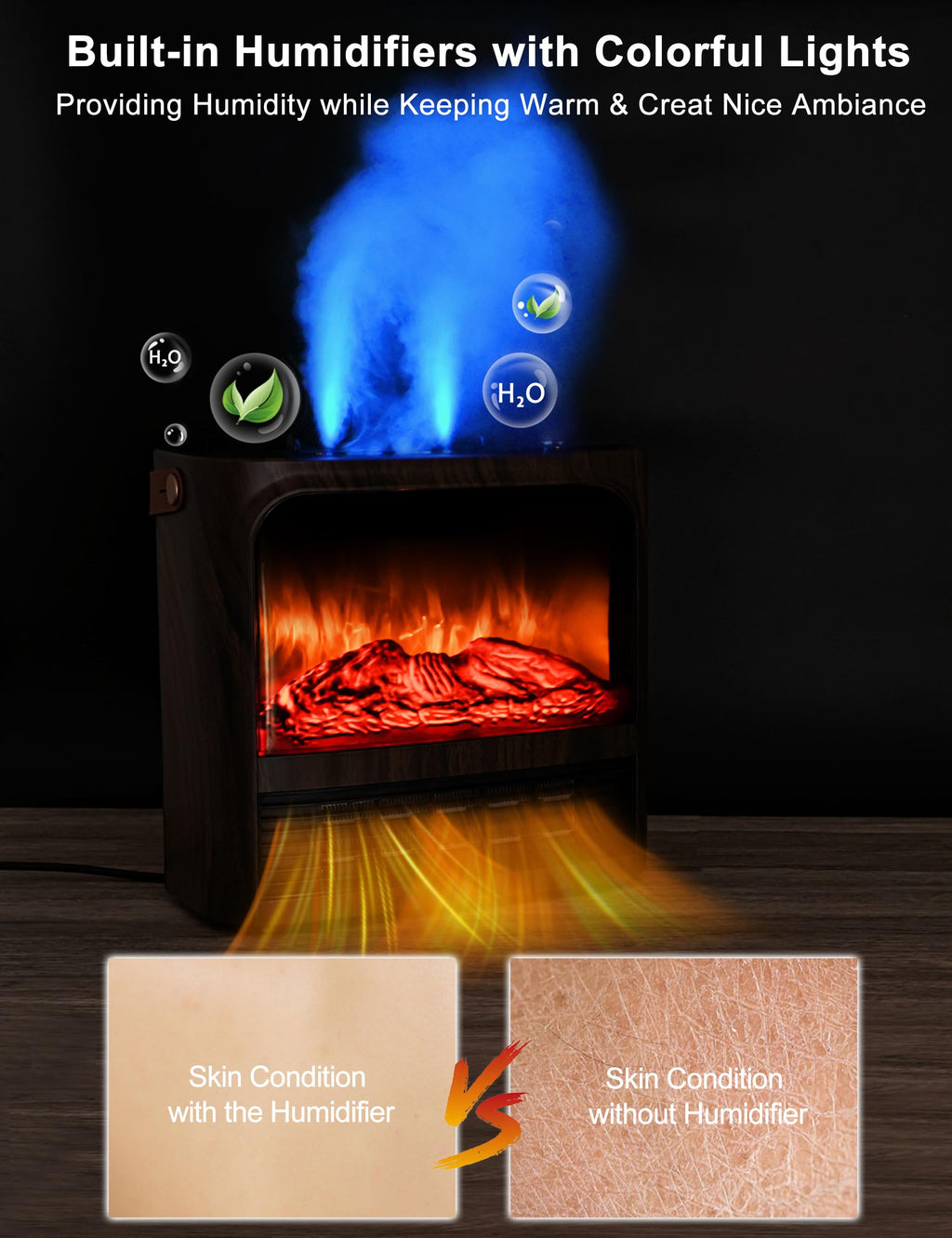 Electric Fireplace Heater with 3D Realistic Flame, Humidifier, Thermostat, Safety Protection, Remote Control, Timer, Electric Space Heater, 1500W/750W Portable Fireplace Heater for Indoor Use