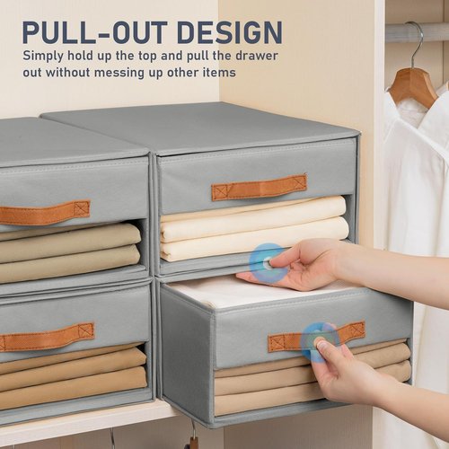 DIMJ Closet Organizers - Foldable Fabric Bins with Clear Window, Stackable Storage Drawers, 4-Pack, Grey