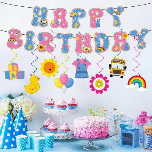 Cartoon Girls Hanging Swirl Banner English Teacher Birthday Party Decorations English Teachers Parties Ceiling Decor Cartoon Teachers Fans Hanging Streamer for Kids Birthday Classroom Party Supplies