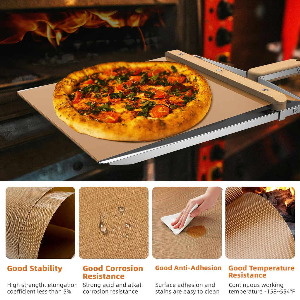 KHKJROS Non-Stick Sliding Pizza Peel 16" & 22x13 Metal Board, Bamboo Paddle w/Detachable Handle & Free Pizza Cutter for Beginners, Outdoor Oven Baking