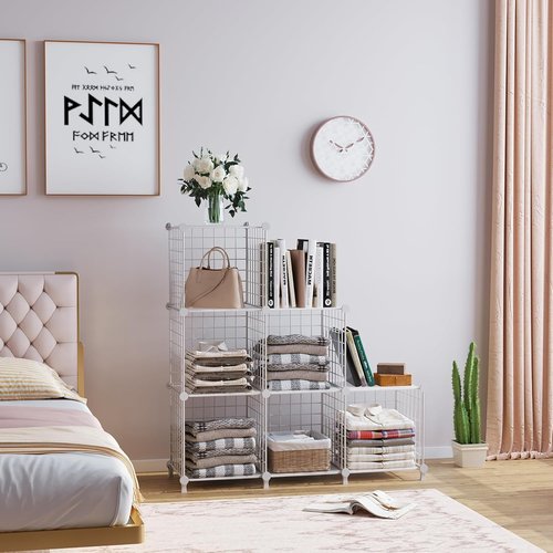 AWTATOS 6-Cube Storage Organizer - DIY Stackable Wire Shelves for Home Office | White Finish