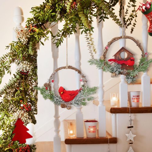 2pcs Small Christmas Wreath with Cardinal, 9-inch Mini Wreaths for Cabinets, Cabinet Wreaths for Kitchen Christmas, Wreaths for Windows (Cardinal)