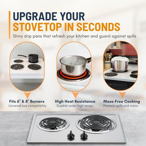 GE Electric Stove Drip Pans Set of 4 | Replacement Drip Pans for GE & Hotpoint Ranges - 2 x 6-Inch & 2 x 8-Inch