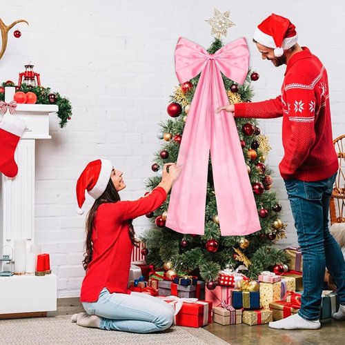 Giant Pink Bow | Double-Layer Satin Christmas Decorations - 24 x 42 Inches for Tree Topper & Party Decor