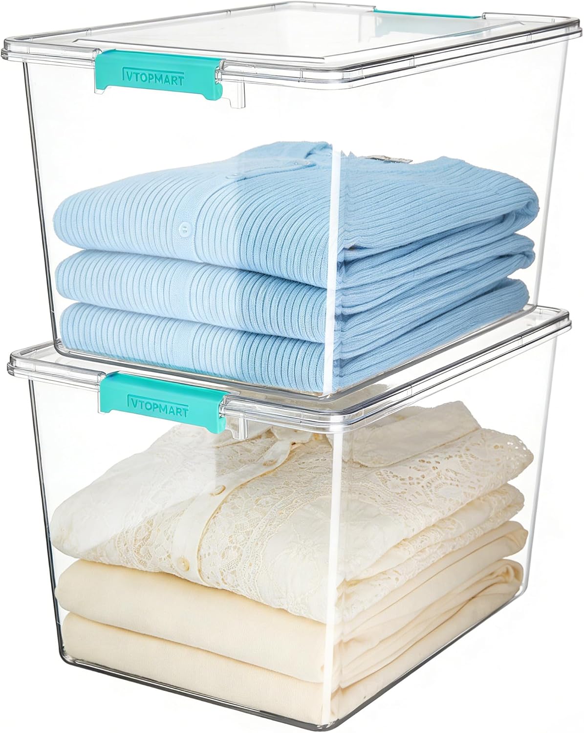 Vtopmart 72 QT Crystal Clear Storage Bins - 2 Pack Stackable Latching Containers for Closet & Bedroom Organization