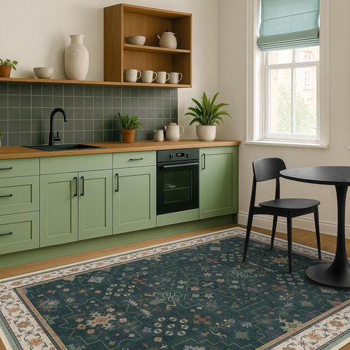 Hazo Haus Vintage Dark Green 6x8 Dining Room Rug - Washable Floral Low Pile Non-Slip Area Rug