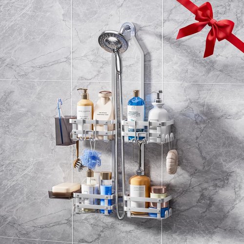 GAOKASE Aluminum Shower Caddy - Rustproof Hanging Organizer with 4 Levels & 10 Hooks - Silver