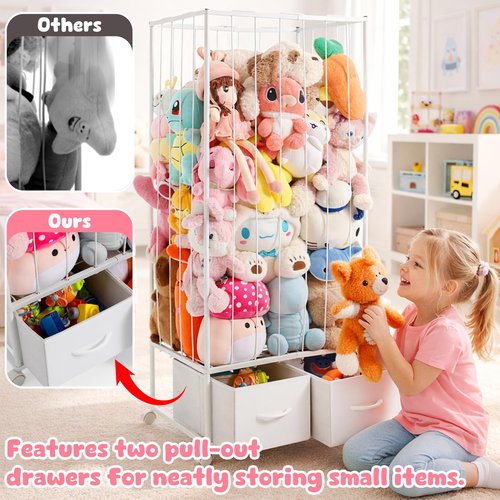 Stuffed Animal Storage Organizer, Jumbo Metal Stuffed Animal Zoo with 2 Drawers and Lockable Casters, 54"x24"x16.5" Extra Large Stuffed Animal Storage Holder Organizers for Playroom Bedroom Nursery