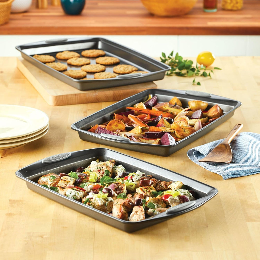 Rachael Ray Nonstick Bakeware Set - 3-Piece Cookie Sheets with Grips, Gray & Sea Salt Gray