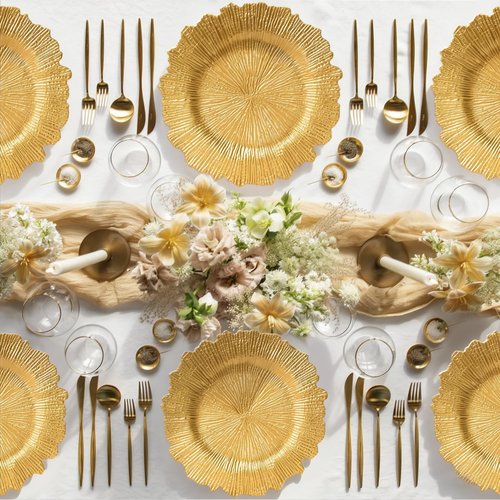 PROY 50 Pcs Gold Charger Plates Bulk, 13" Gold Reef Charger Plates for Wedding, Thanksgiving, Christmas, Plastic Chargers for Dinner Plates