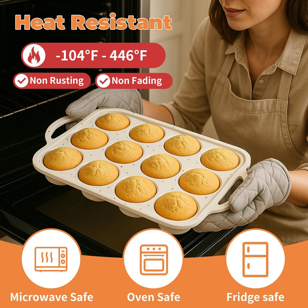 Skiennix Silicone Muffin Pan - 12-Cup Nonstick Baking Tray with Metal Reinforced Frame - BPA Free