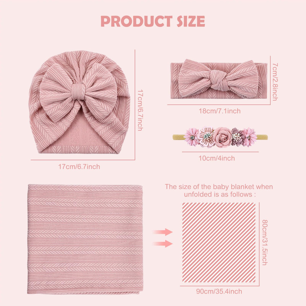 Cinaci 4pcs Dusty Pink Soft Nursery Newborn Baby Receiving Swaddle Blanket with Matching Turban Hat Bow Headbands Floral Nylon Headbands for Baby Girls Newborn Infants