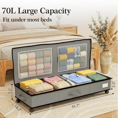 GoMaihe Under Bed Storage - 70L Rolling Bins for Wrapping Paper, Toys & Clothes | Includes Mesh Bag & Adjustable Dividers - Grey