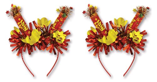 Beistle Lunar New Year Headbands – 2 Pack Red and Gold Firework Burst Headbands with Metallic Fringe Festive Celebration Headwear Cultural Holiday Party Accessories, Adult Size