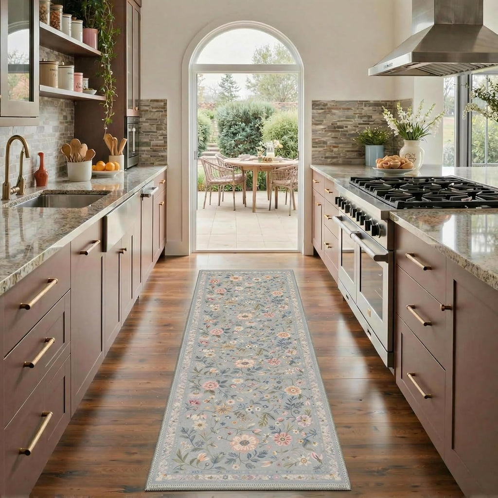 Bavni Runner Rug - Vintage Floral Print, Machine Washable & Non-Slip - 2.5x6 ft, Misty Blue