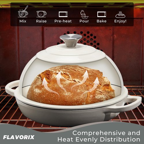 Cast Iron Bread Oven for Sourdough, 6Qt Bread Baking Pan with Lid, Enameled Sourdough Dutch Oven for Bread Baking, Oven Safe up to 482℉, White
