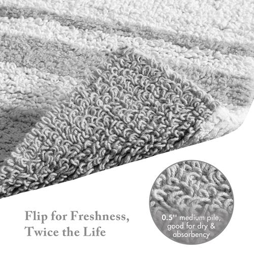 Madison Park - Spa Reversible Cotton Bath Rug - Grey - 20(W)" x 30(L)" - Striped - Water Absorbent- Fast Drying- Bath Mats - Feels Fluffy - Stylish & Sophisticated