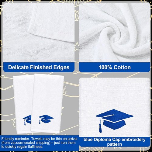 FYSUIMU Graduation Hand Towels - Embroidered Cotton Bath Towels | Blue Diploma Cap Design, 29.5 x 13.7 Inch