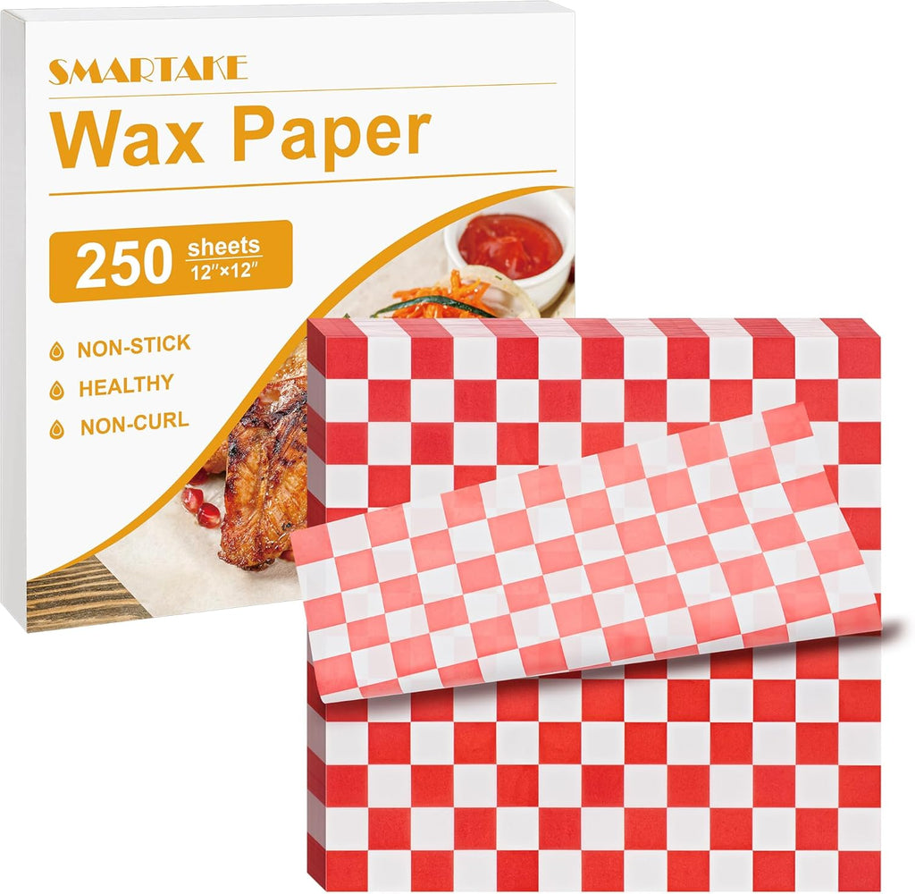 SMARTAKE 12x12 Inches Wax Paper - 250 Pcs Non-Stick Hamburger Patty & Sandwich Separators | Red Plaid Design