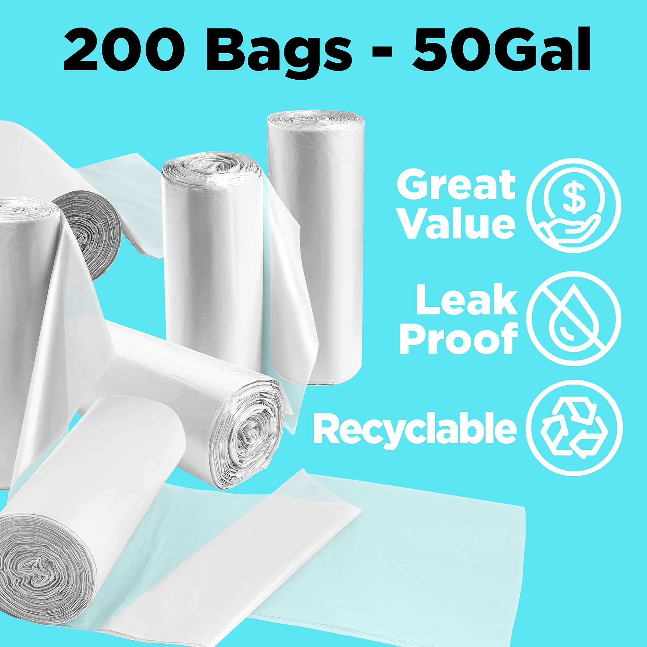ToughBag 50 Gallon Trash Bags Heavy Duty, Clear Trash Bags (200 COUNT) - Made in USA