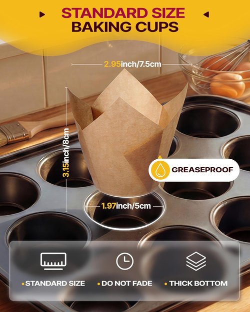 Katbite Tulip Cupcake Liners - 200PCS ProSmooth Brown Muffin Baking Cups for Perfect Treats