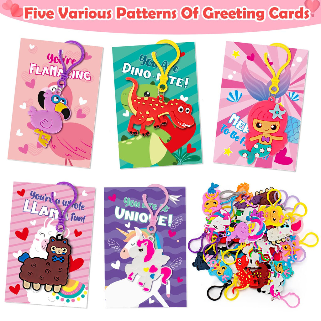 Gloween 30 Pack Valentines Day Cards for Kids, Cute Dinosaur Flamingo Mermaid Llama Unicorn Keychains, Great Classroom/Class Exchange Prizes Valentine Party Favors Gifts for Boys Girls
