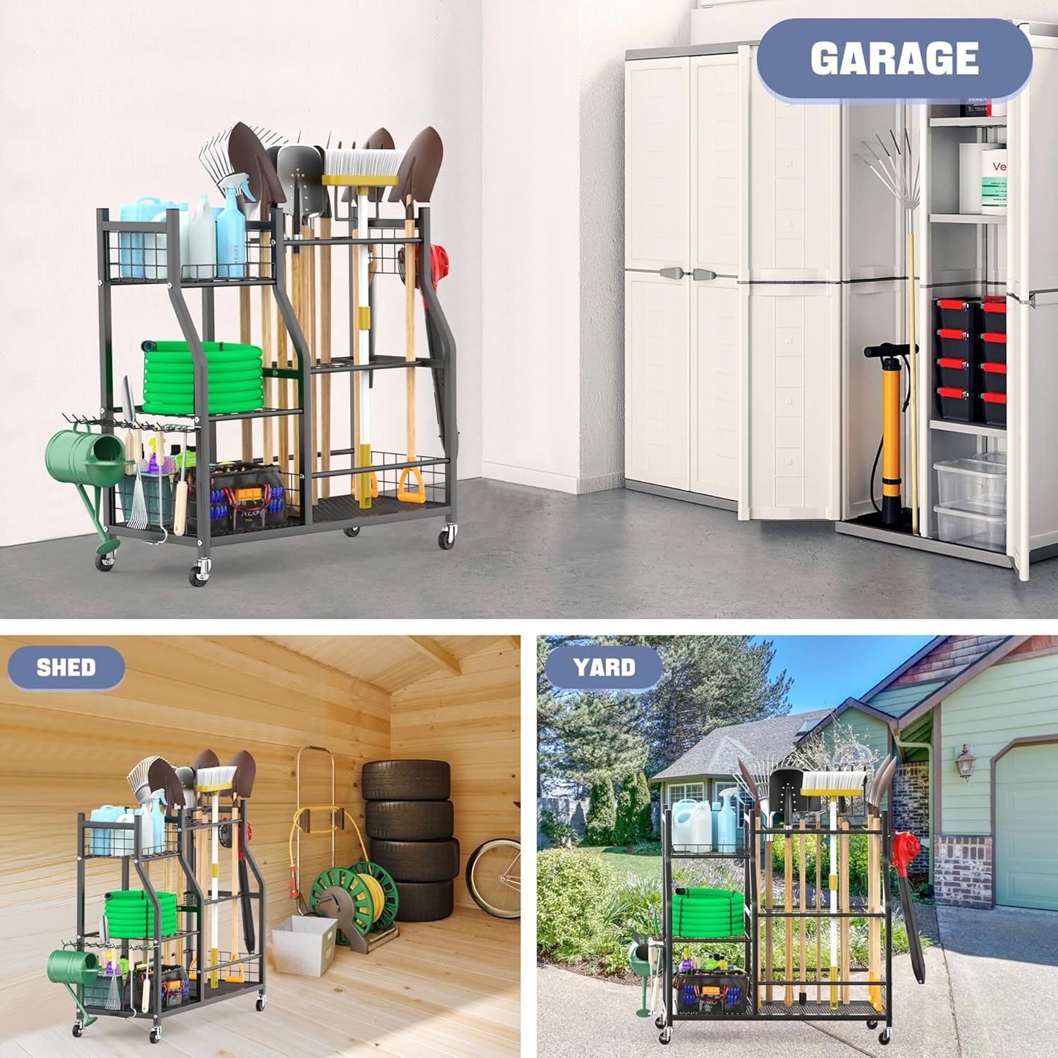 WALMANN Garden Tool Organizer - Rolling Cart with Large Storage for Rakes, Shovels & Yard Tools