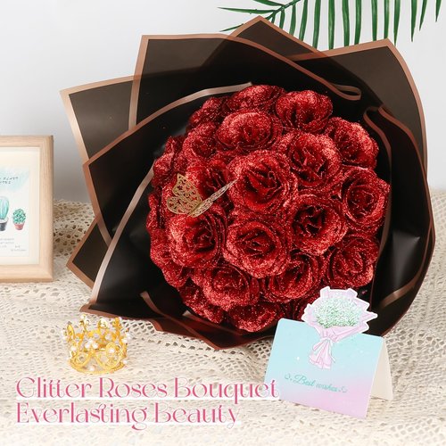 iMXPW Glitter Roses Bouquet, 24 Roses DIY Fake Glitter Flowers Bouquet, Everlasting Shiny Artificial Red Rose Bouquet for Mothers Day Gifts, Anniversary, Engagement, Wedding (Red)