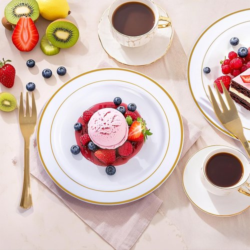 WELLIFE 120 PCS Plastic Dessert Plates and 120 PCS Forks, 6.3 inch Disposable Salad Plate, Premium White Appetizer Plates with Gold Rims Perfect for Party and Wedding