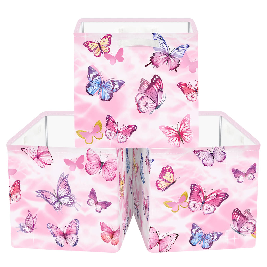 Clastyle Butterfly Kid Storage Cube Organizer Set Watercolor Closet Clothes Cube with Metal Frame Storage Bin Nursery Toddler Toy Box Chest Girl Book Shelf Basket, Pink, 11.8x11.8x11.8 in