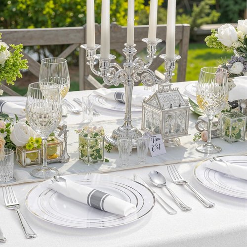 WDF Partyware 350Piece Silver Plastic Dinnerware Set for 50 Guests - Silver Plastic Plates with Cutlery Include:50Dinner Plates-50Dessert Plates-50Pre Rolled Napkins with Silverware Party Wedding
