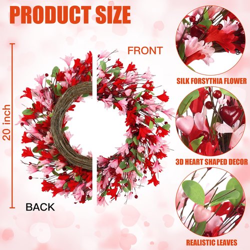 Sggvecsy 20in Valentine's Day Wreath Artificial Pink Red Forsythia Spring Summer Fake Silk Wreath with Heart Berries Green Leaves for Gifts Festival Front Door Window Wall Farmhouse Decor