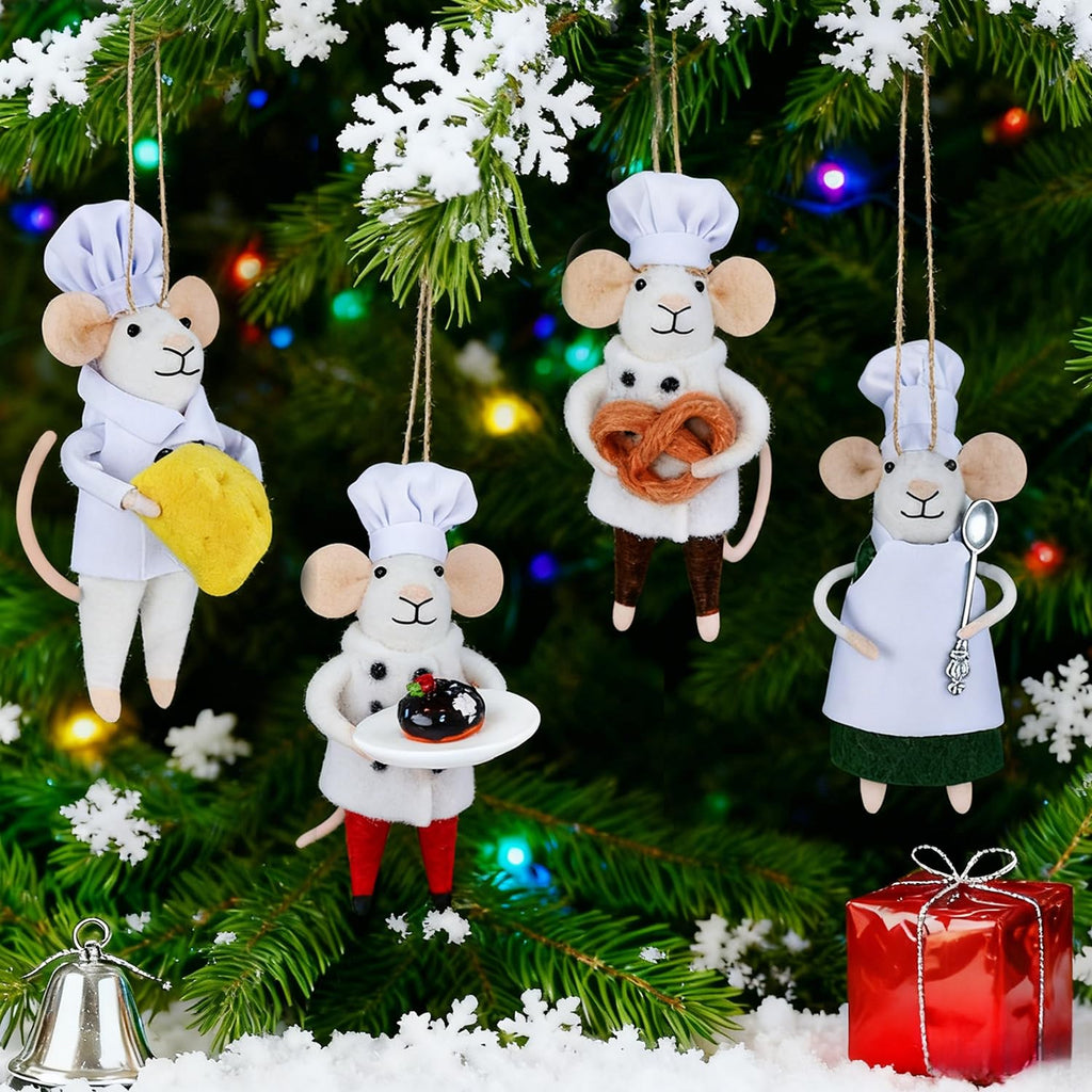 Watereem Set of 4 Christmas Felt Mouse Ornaments, 5.5" Mini Chef & Waiter Mice for Christmas Tree Wreath Hanging, Wool Xmas Tabletop Decor, Animal Crafts for Holiday Easter Gifts Party Supply