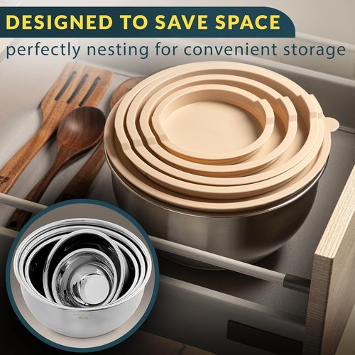 Baker's Signature Stainless Steel Mixing Bowls Set - 5 Sizes with Airtight Lids & Non-Slip Base | Khaki