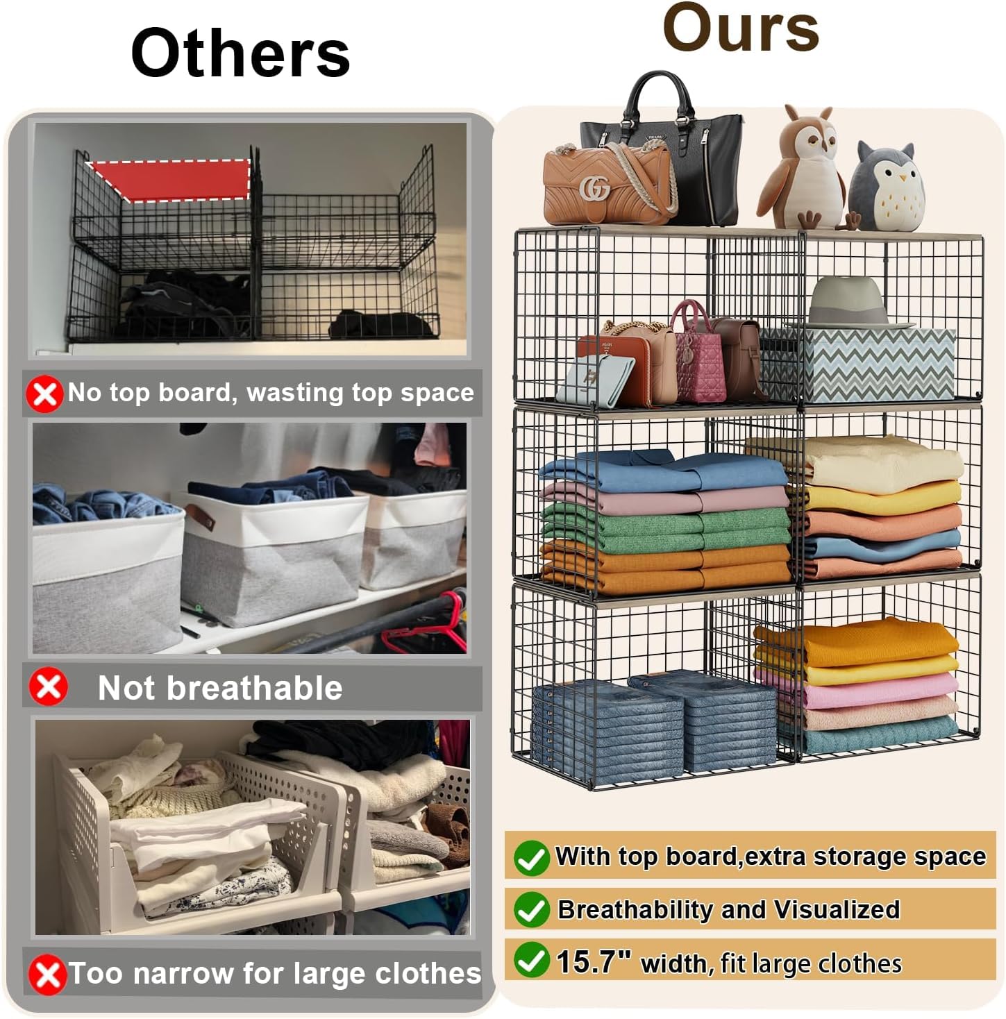Widened & Heightened Closet Organizers And Storage Shelves With Top Board, Set of 3 Stackable Closet Shelf Organizer Storage Bin Basket For Clothes Sweaters,Space-saving, Sturdy,Wider Higher Size