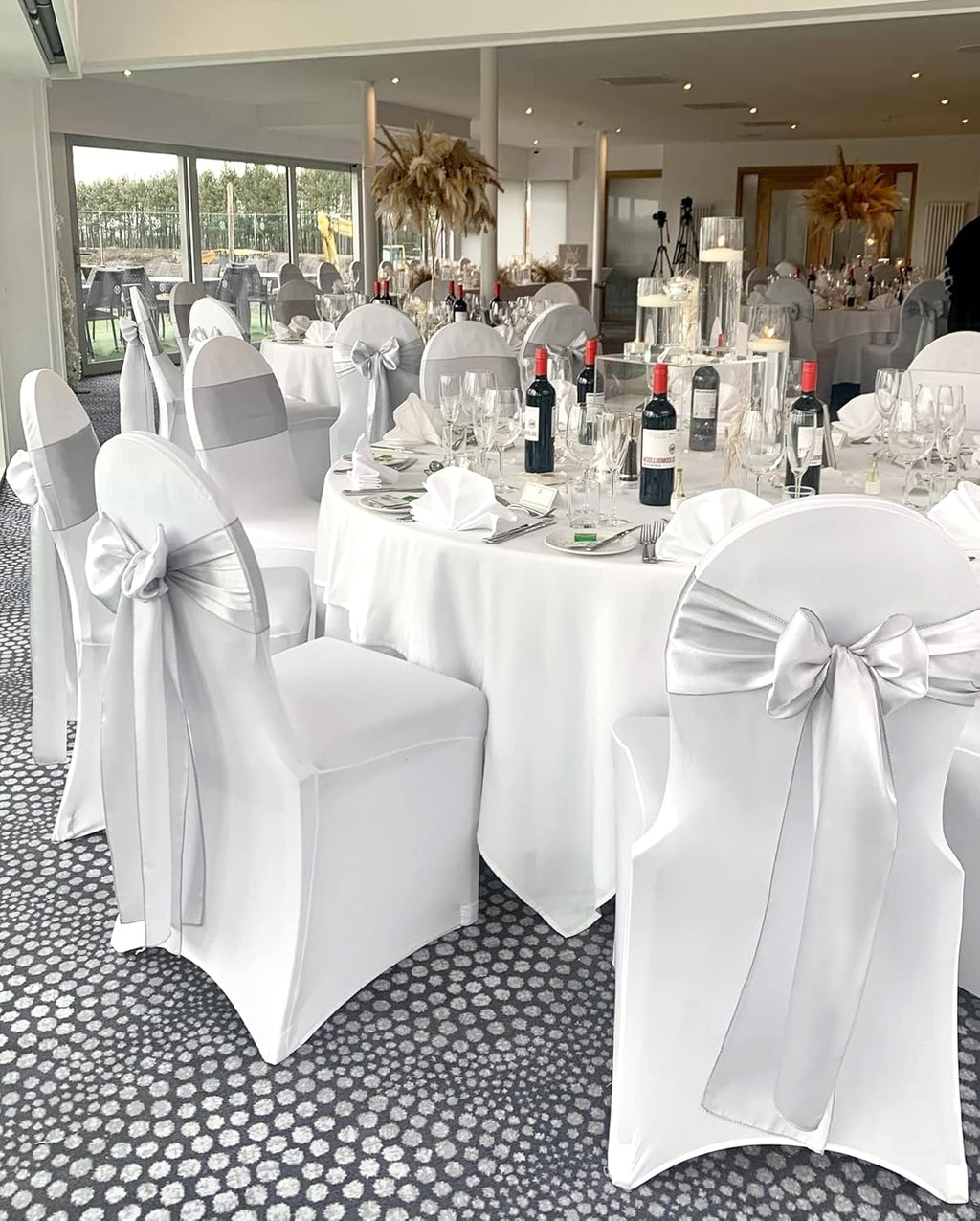 Showgeous Silver Satin Chair Sashes - 60 PCS Decorative Bows for Weddings & Events | 7 x 108 Inch
