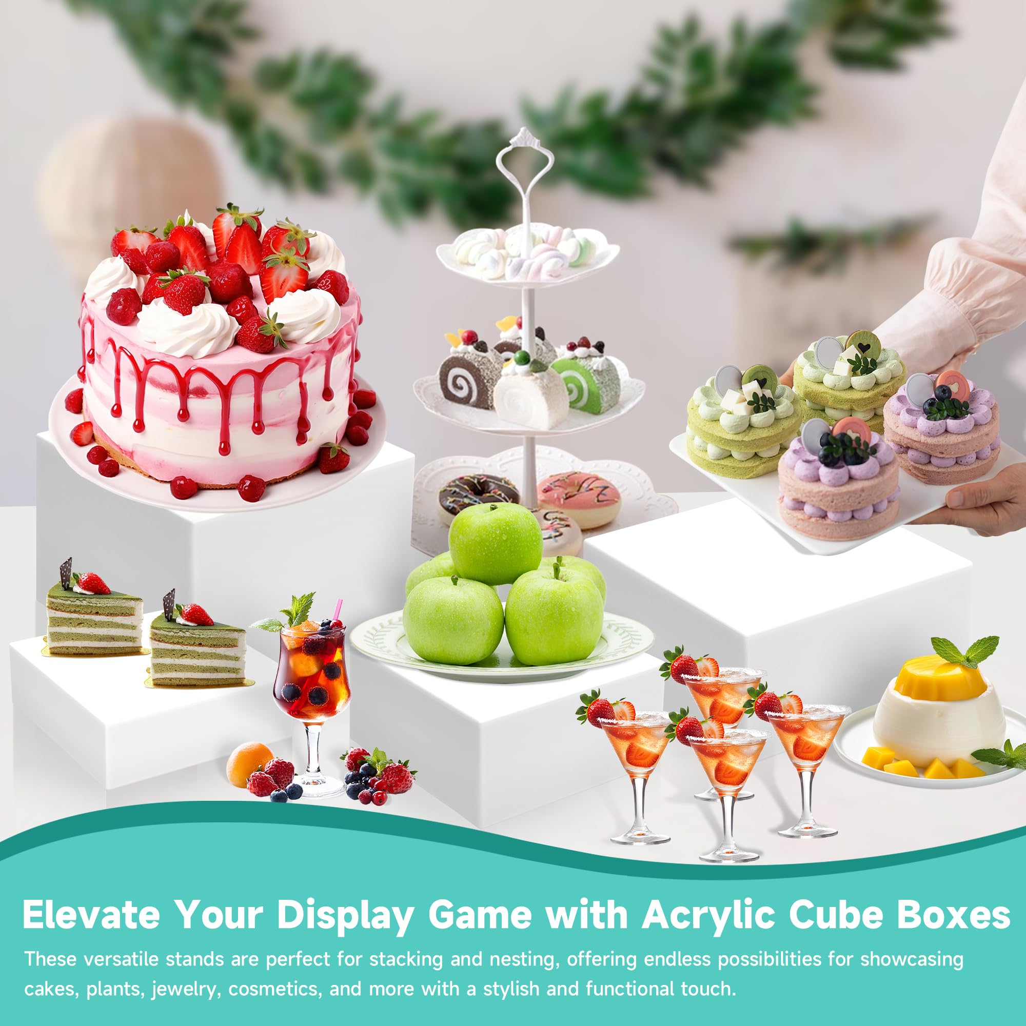 NoderLoya 6Pcs Buffet Risers,Food Risers for Buffet Table Display Stand Shelf for Party Catering Dessert Jewelry Collectibles Acrylic Cube Boxes Display Nesting Risers (white-S(5,6,6.8,7,7.5,8)