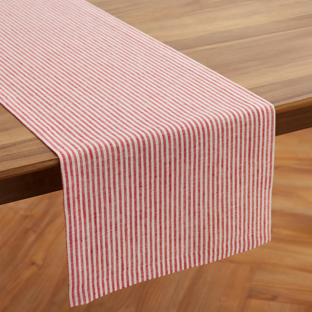 Solino Home Linen Table Runner 120 Inches Long - Narrow Stripe, 100% Pure Linen Red and White Table Runner 14 x 120 Inch for Dining, Mothers Day, Spring, Summer, Memorial Day