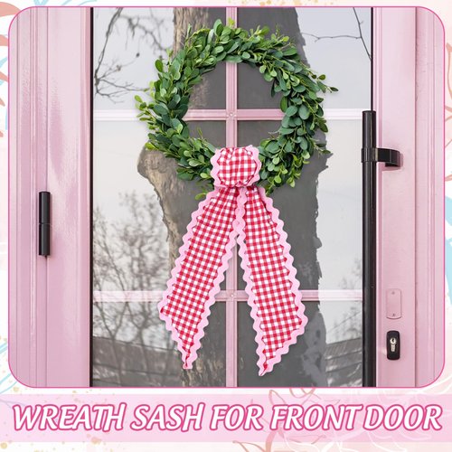 Whaline 2Pcs Wreath Sash for Front Door White Red Plaid Garland Ribbon for Holiday Wedding Birthday Party Home Decor Indoor Outdoor