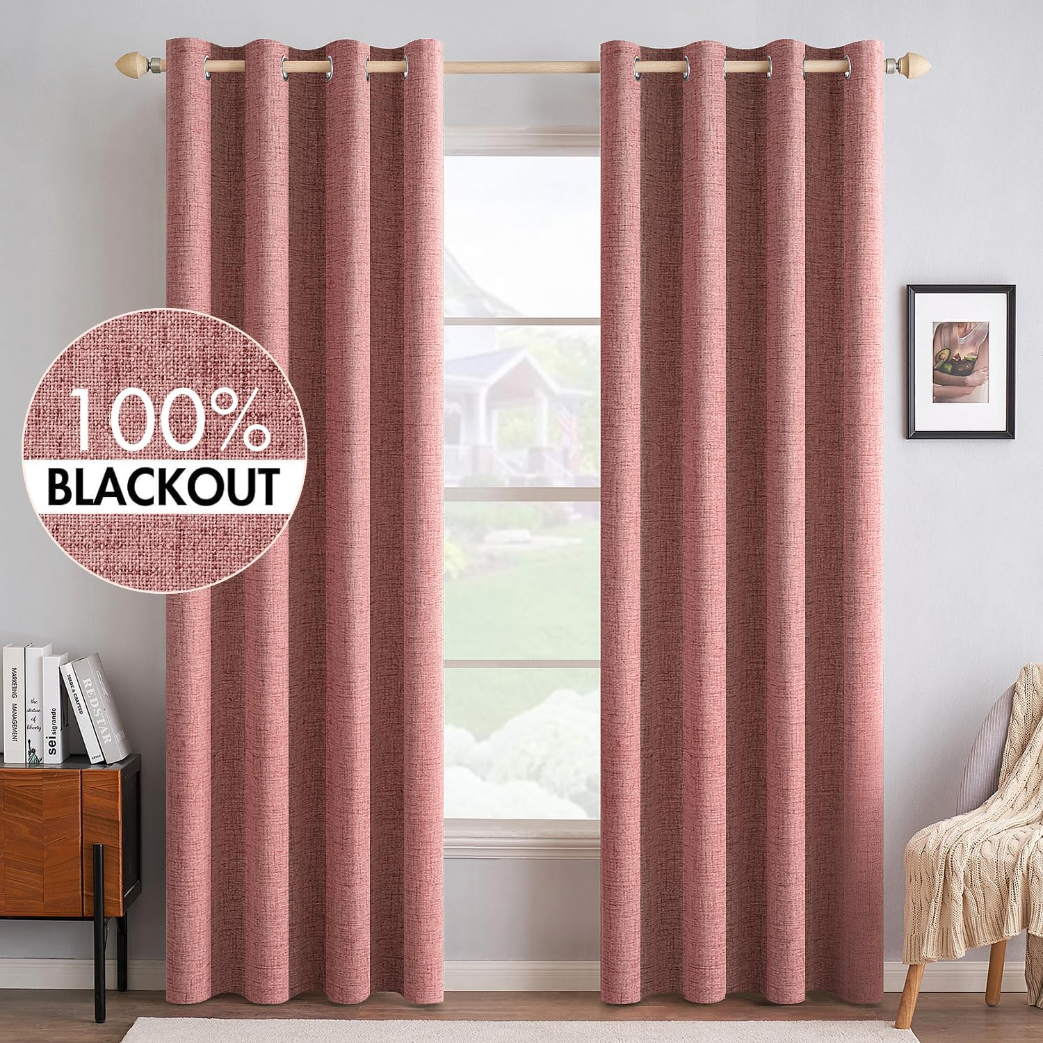MIULEE Blackout Linen Textured Curtains - Thermal Insulated Dusty Rose Drapes | 52 x 72 Inch (2 Panels) for Bedroom & Living Room