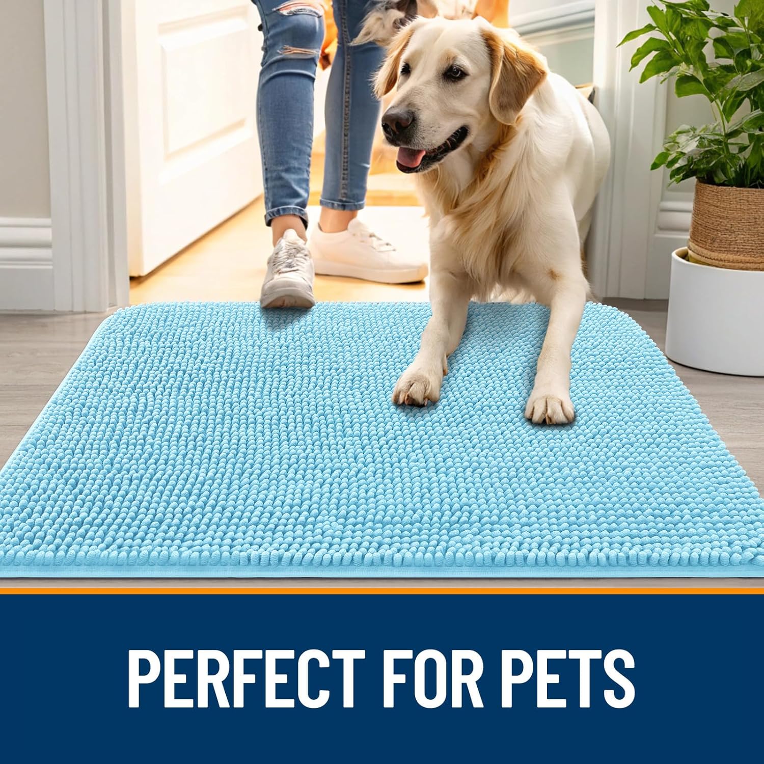 OLANLY Dog Door Mat - Absorbent Non-Slip Washable Chenille Mat for Muddy Paws | 24x16, Blue