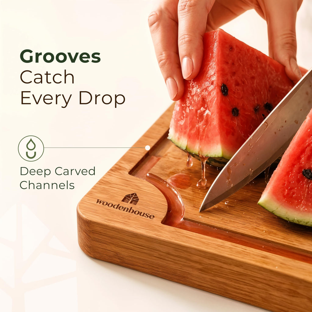 Wooden Cutting Board Set of 3 - Thick & Durable Bamboo Wood Cutting Boards for Kitchen - with Deep Juice Grooves & Built-In Handles - Large Surface, Easy to Clean - for Meat, Vegetables and Fruits