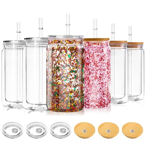 BGRAING 6 Pack 16 oz Acrylic Snow Globe Tumbler Double Wall Plastic Snowglobe Tumbler Cups with Pre-Drilled Hole, 100% Leak Proof, with Bamboo Lids & Clear Lid, for Snow Globe Glitter DIY Gift