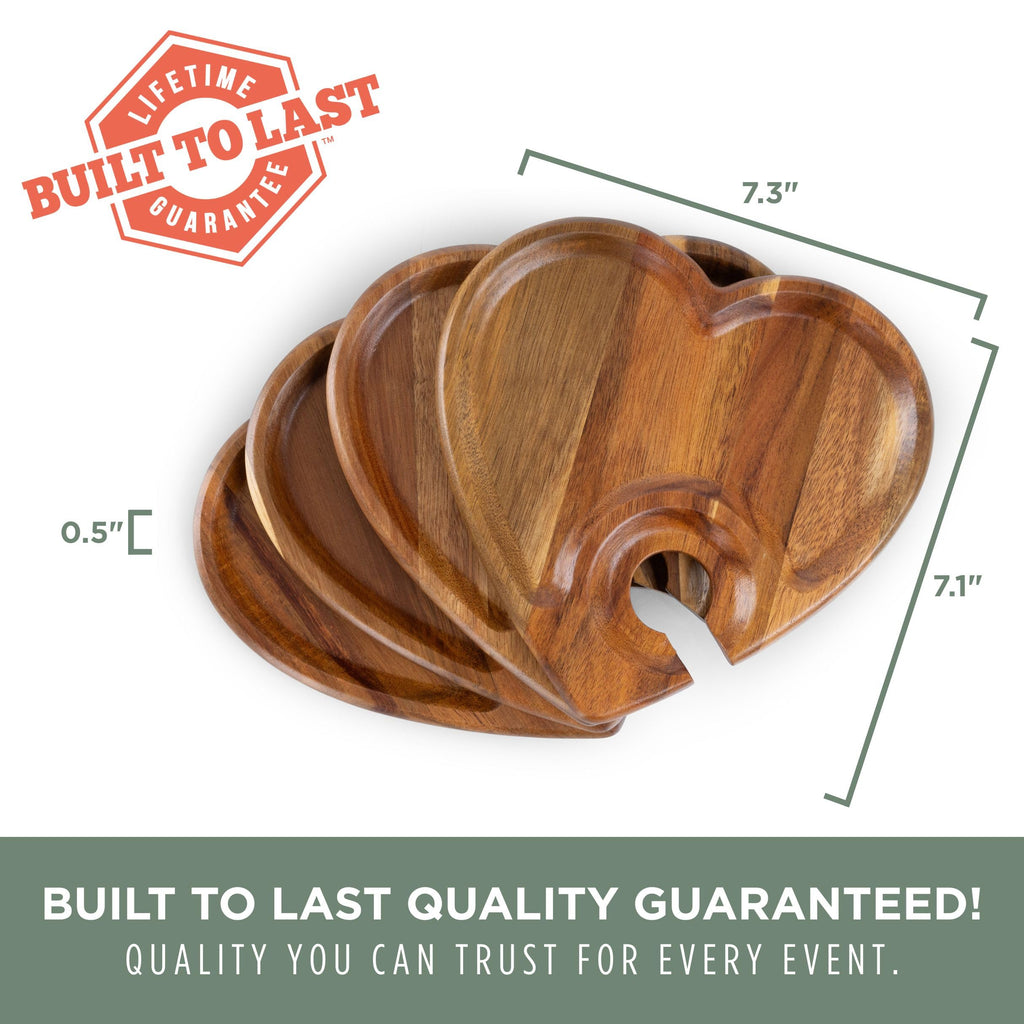 PICNIC TIME Heart Wine Appetizer Plates, Set of 4 Wooden Cocktail Plates with Glass Holder, Mini Charcuterie Boards for Wine and Cheese Parties, Acacia Cheese Board Serving Trays (Acacia Wood)
