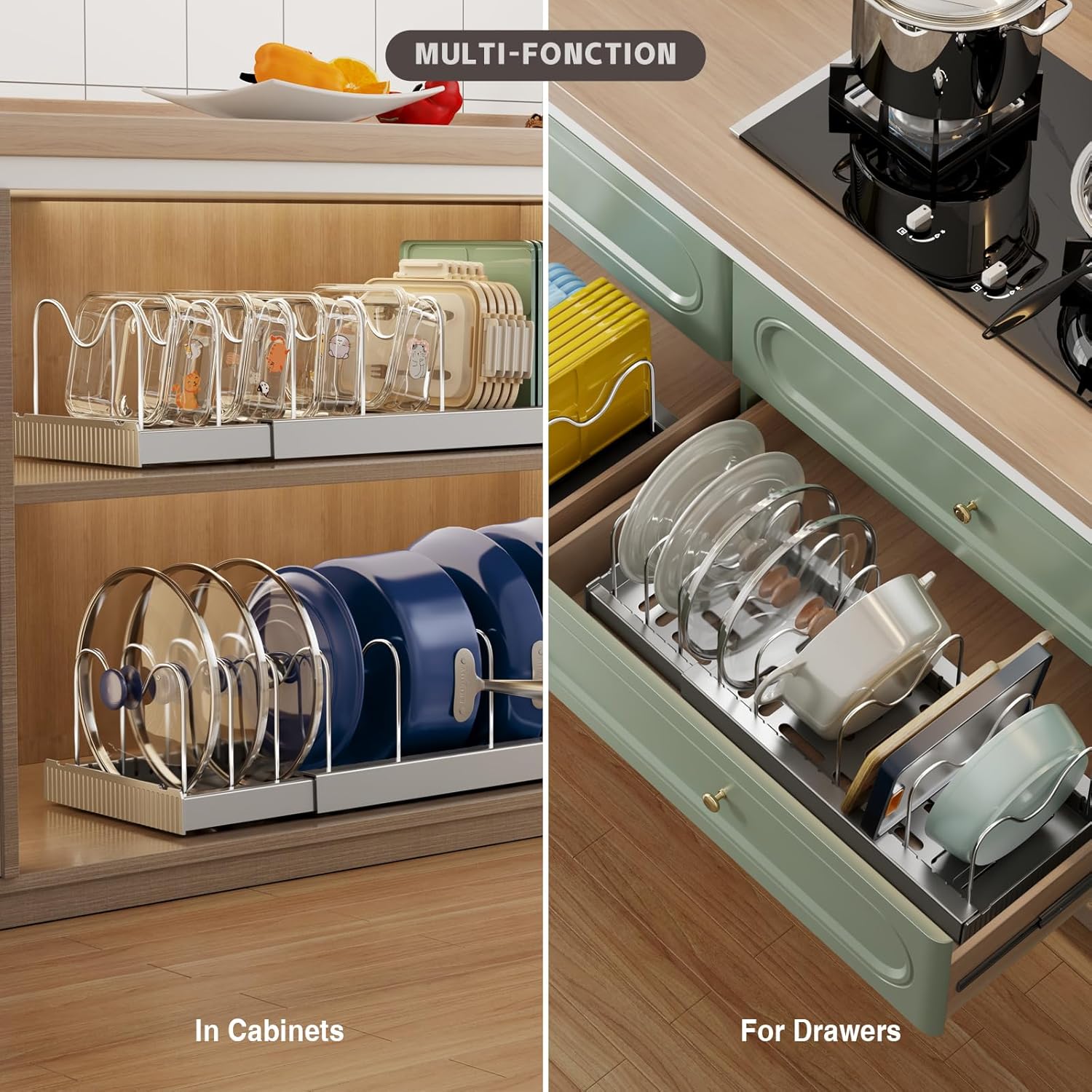 Magheo Expandable Food Storage Container Lid Organizers - 22" Under Cabinet Rack with 9 Adjustable Dividers (Gray)